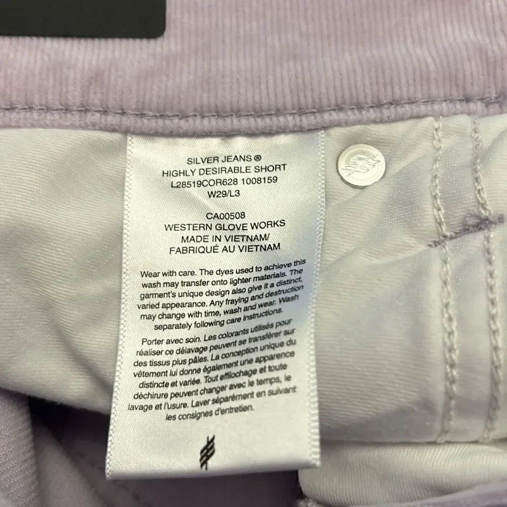 Silver Jeans Co lavender corduroy high rise eco friendly shorts Size 29 New